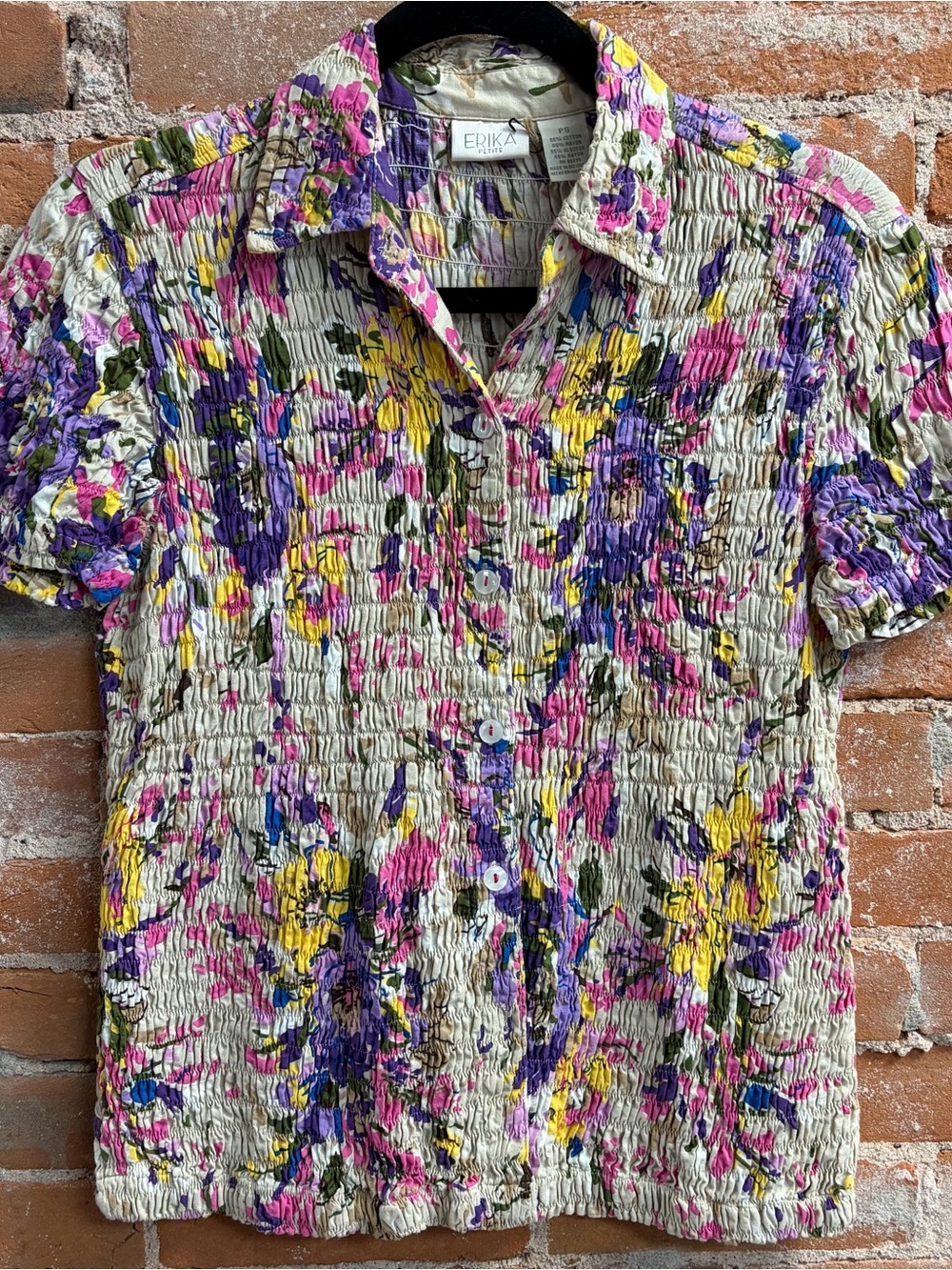 VTG Floral Smocked Colorful Top Teachercore Cottagecore Whimsy Preppy Women PS